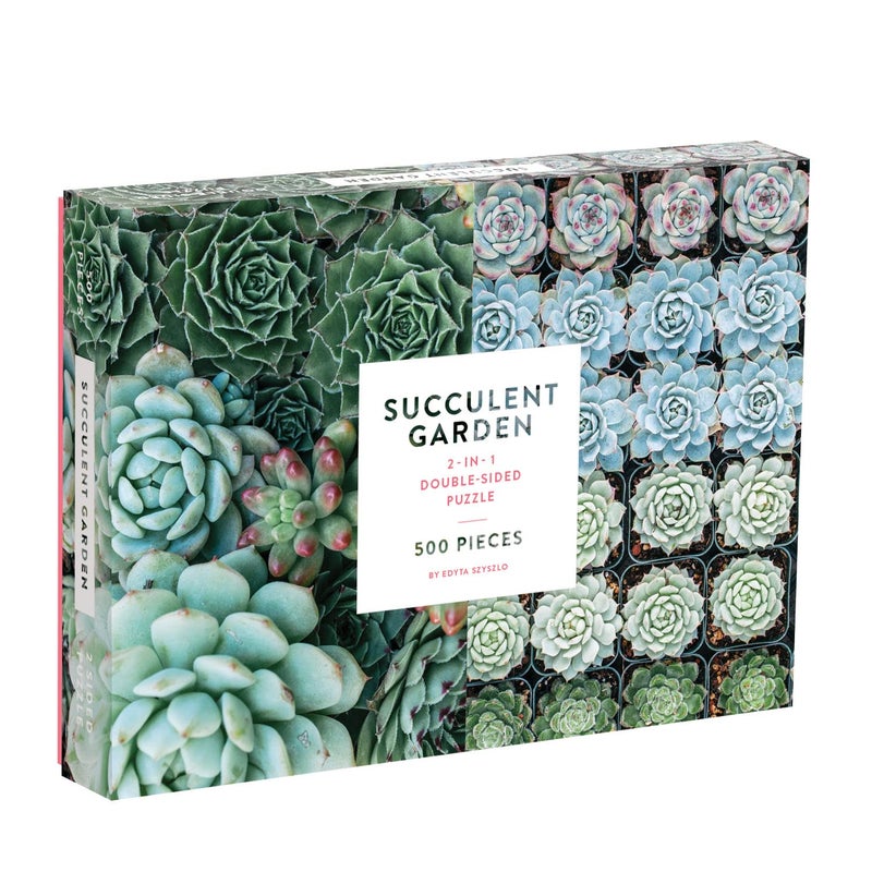 جاليسون أحجية الصور المقطوعة مزدوجة الجوانب من Galison Succulent Garden 500 قطعة للبالغين والعائلات، أحجية عائلية ممتعة مع نباتات وموضوع عصاري متعدد الألوان - Image 1